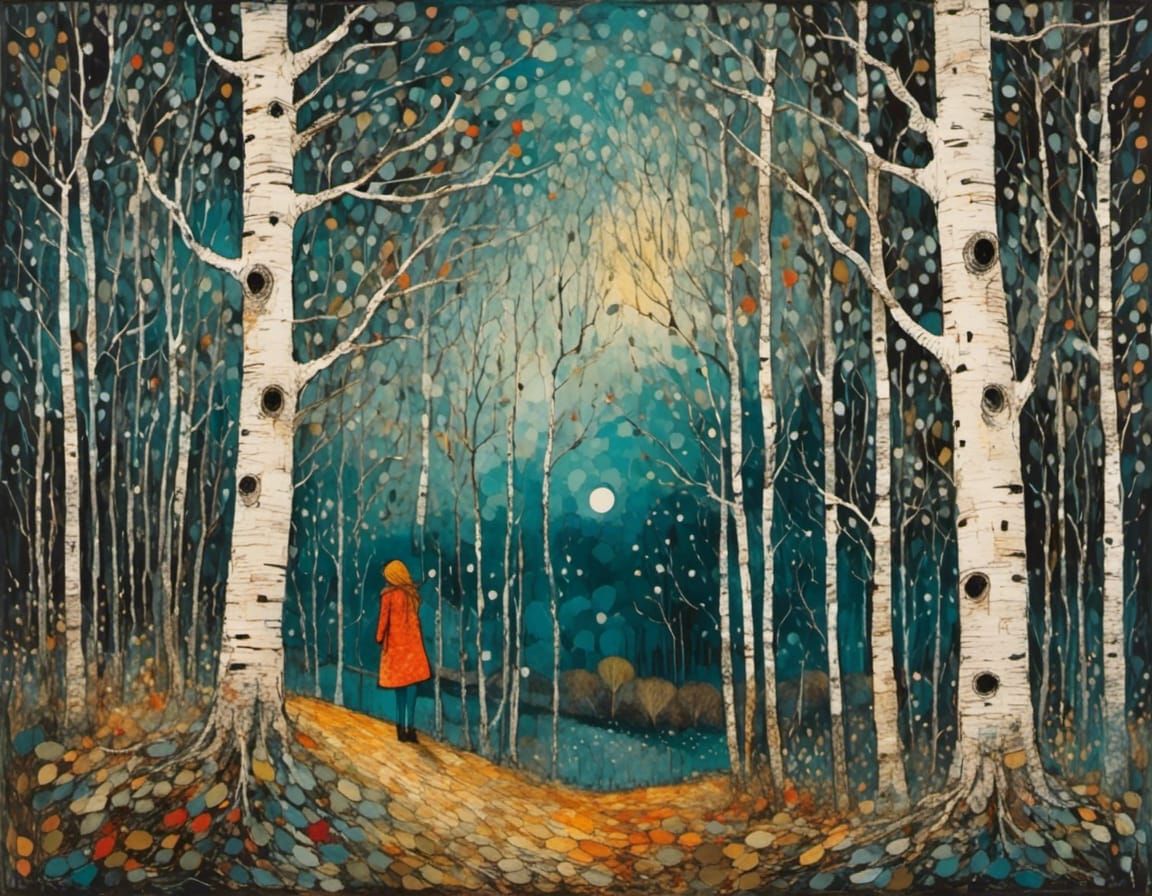 Girl in Birch Forest, Watercolor and Cubist Style