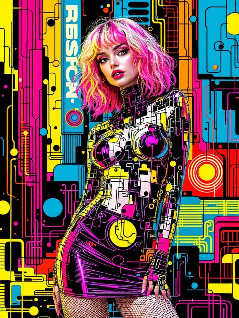 Blond Pin Up Woman with Pink Hair in Porsche Style