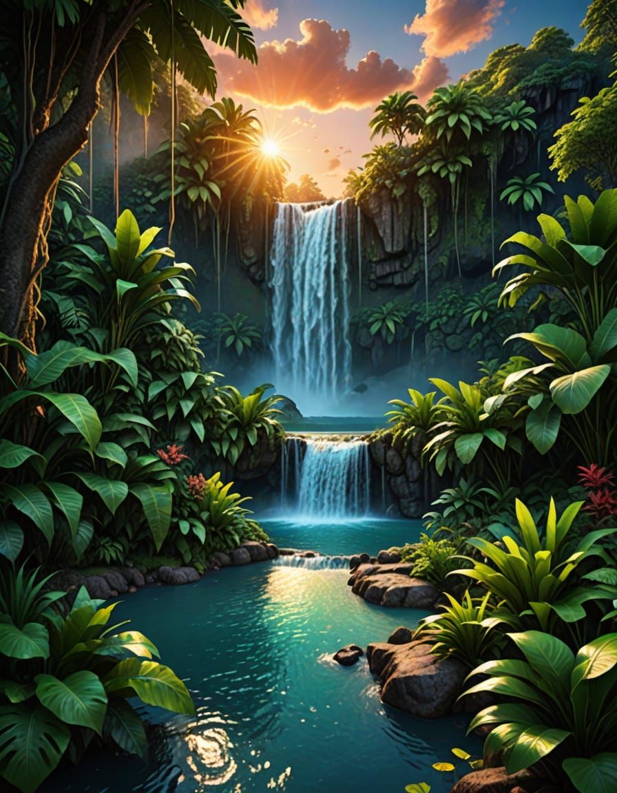 Lush Jungle Oasis at Sunset in Stunning Photorealistic Detai...