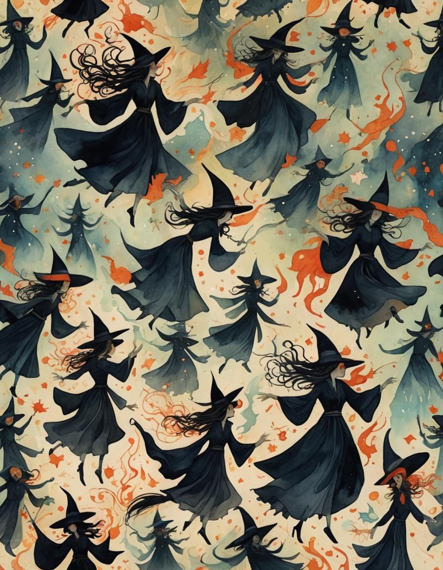 Dancing Witches in Watercolor Style