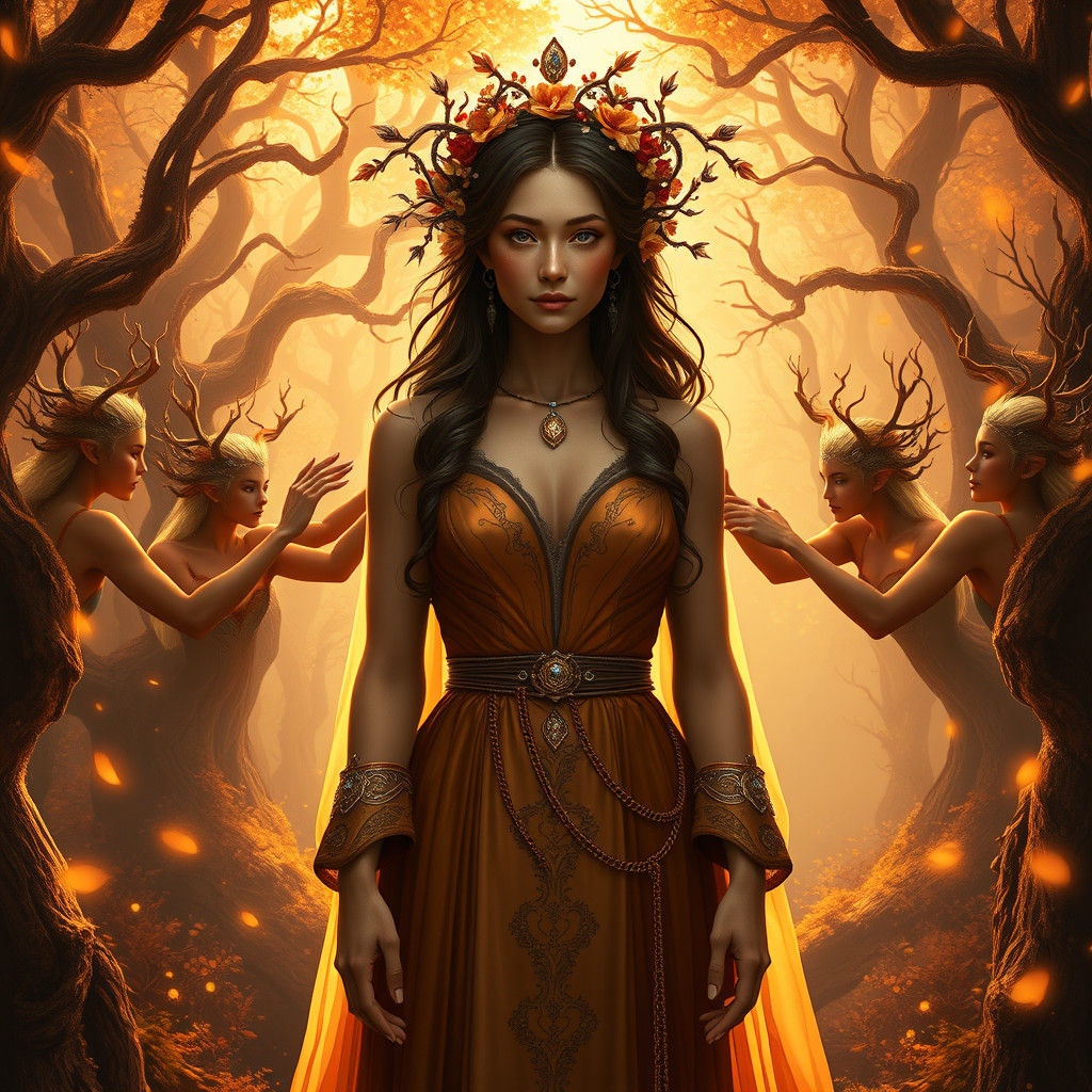 Forest Queen Crowned by Fire Elves: Digital Art
