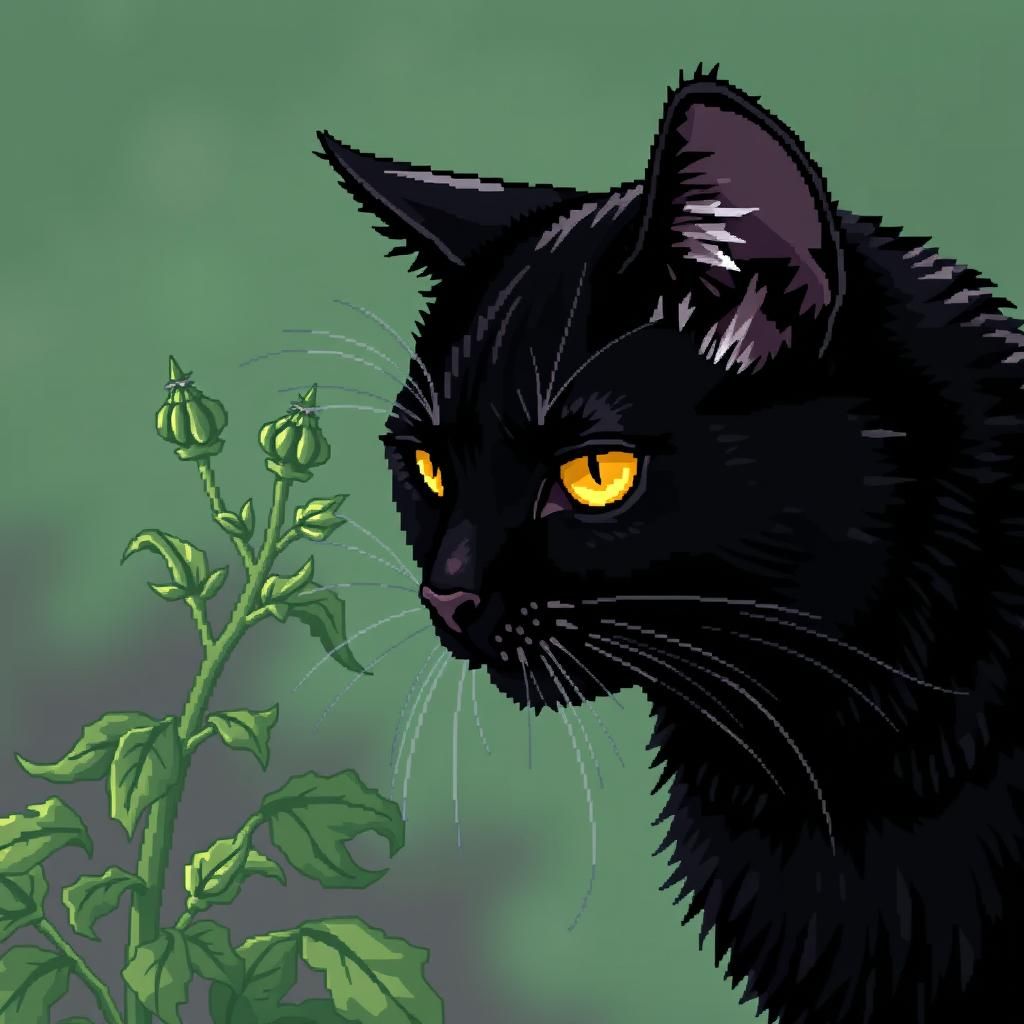 Black Cat Sniffing Catnip in Pixel Art