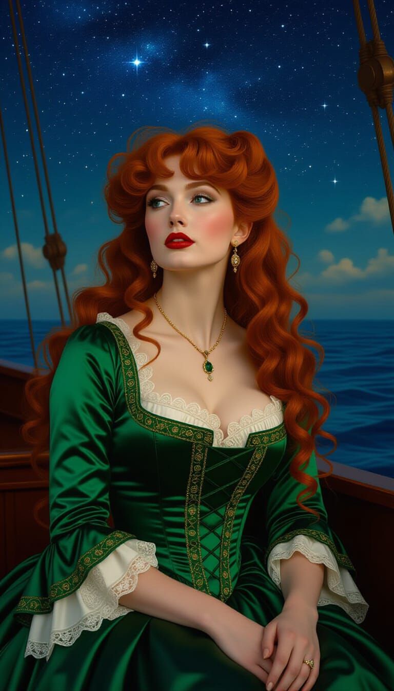 Majestic Woman with Red Hair on Ship, in Oil Painting Style