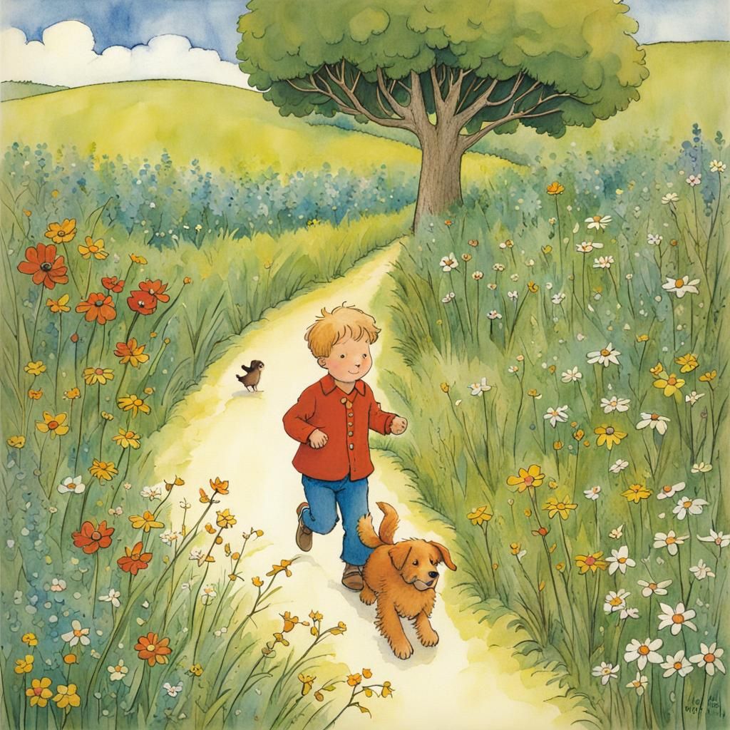 Boy and Puppy in Meadow, Children's Illustration