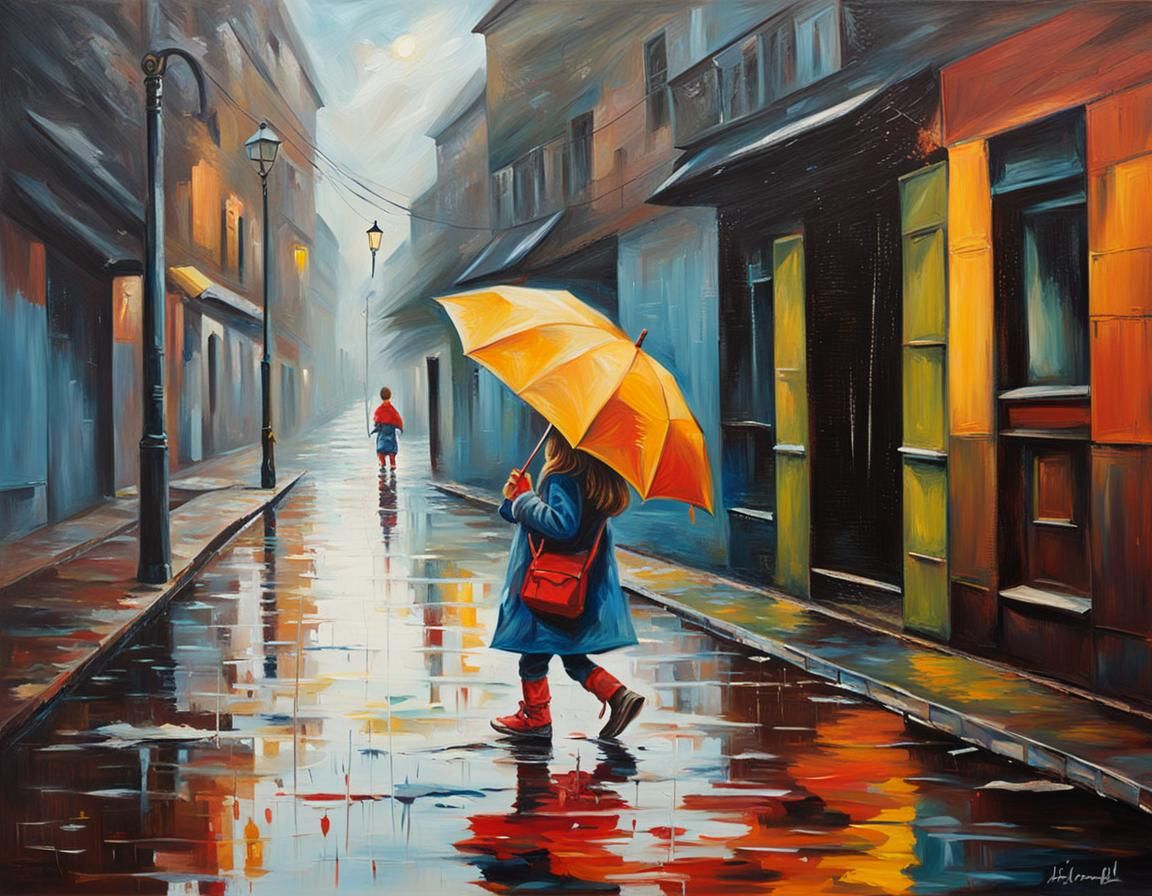 Girl with Umbrella Splashing, Oil on Canvas