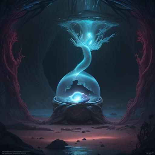 A glowing Devine embryo rests in its womb. The embryo psychically connects with a blue whale far away in the quiet depth...