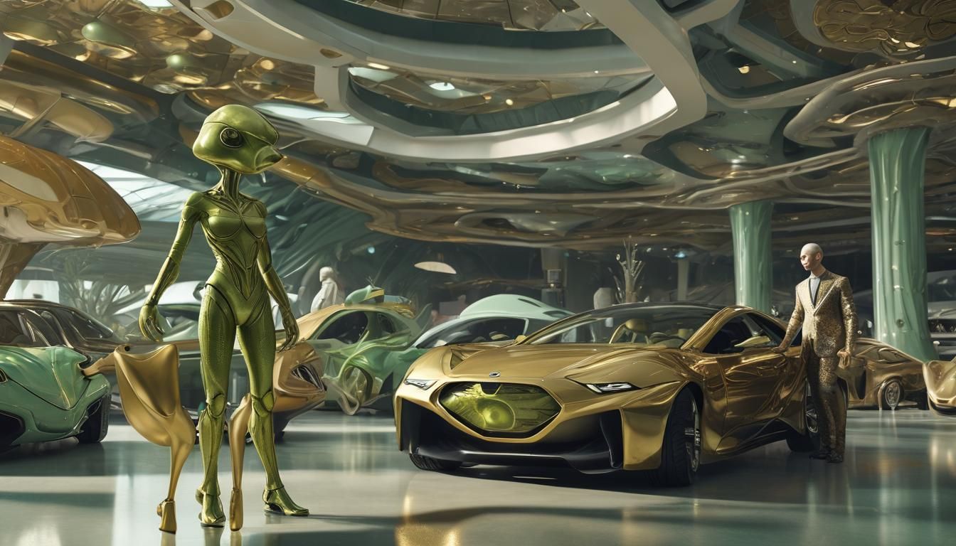 Human-Alien Car Dealership in Surreal Royalpunk Style