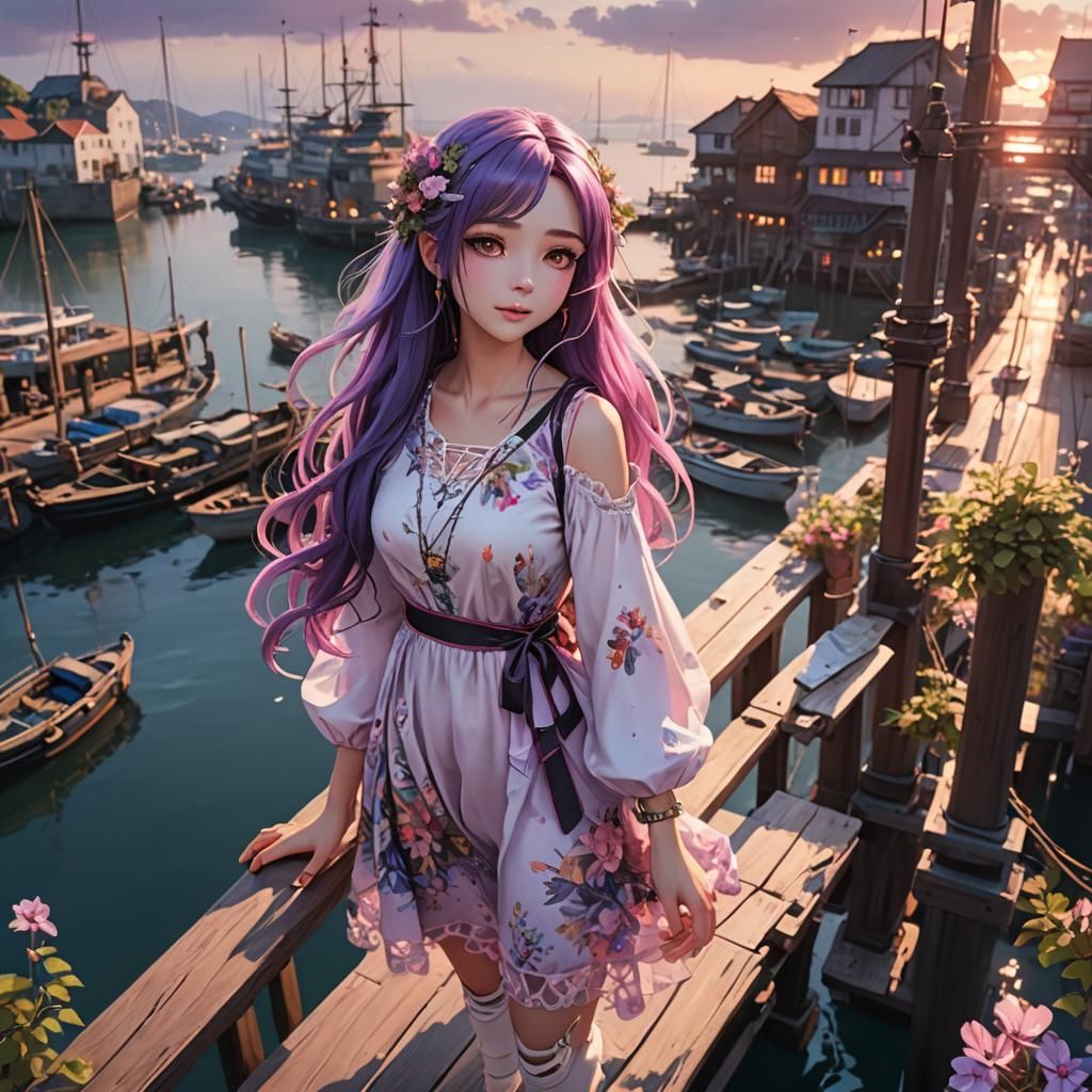 Fantasy Harbor Sunset: 3D Anime Art