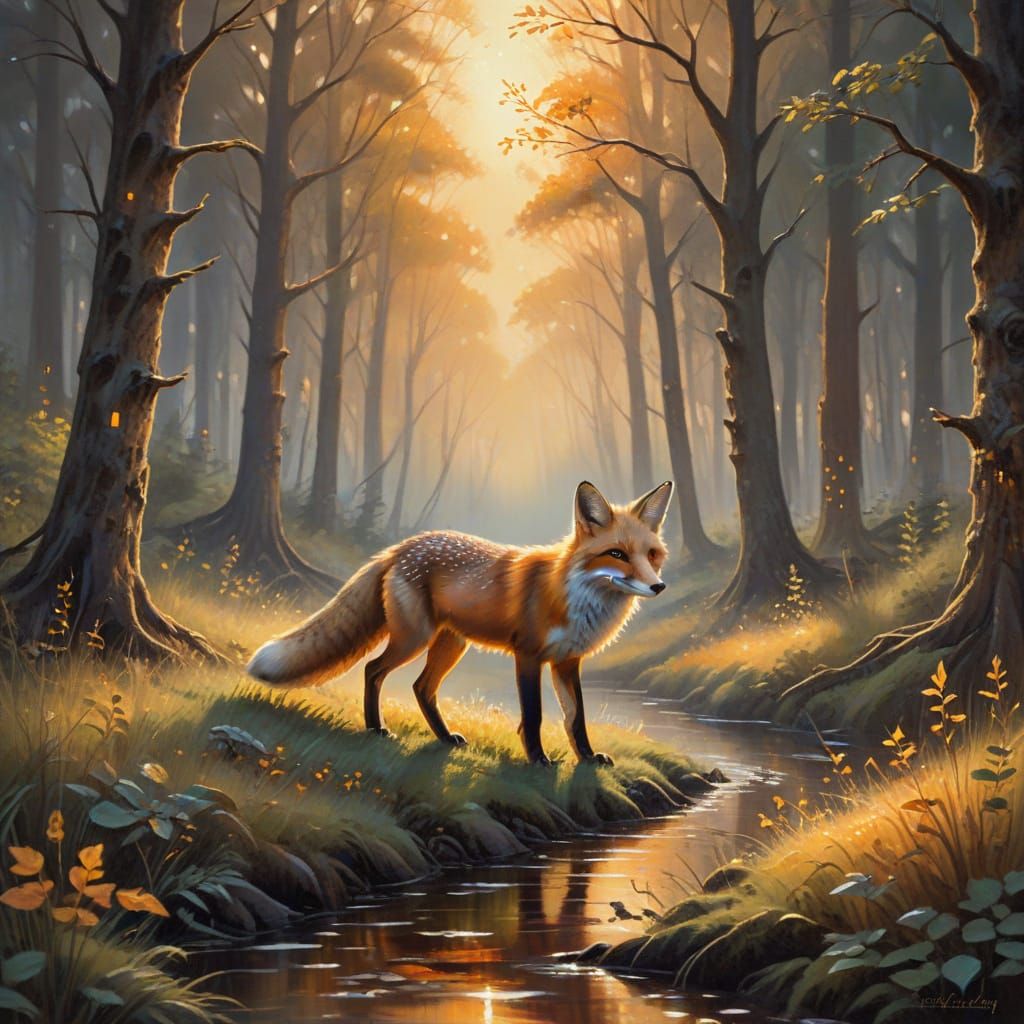 Idyllic Fox in Forest Oil Painting