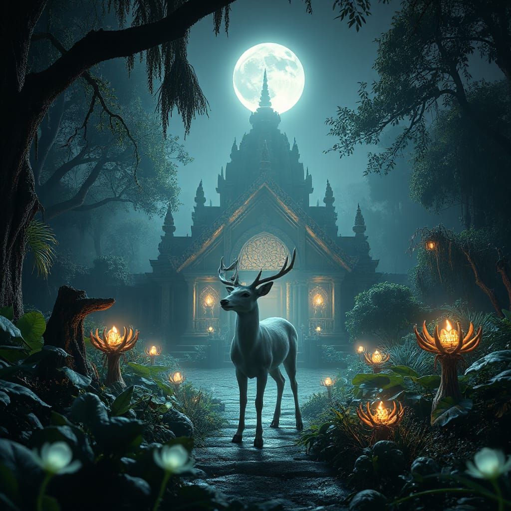 Ethereal Deer Guarding Jungle Temple in Moonlight