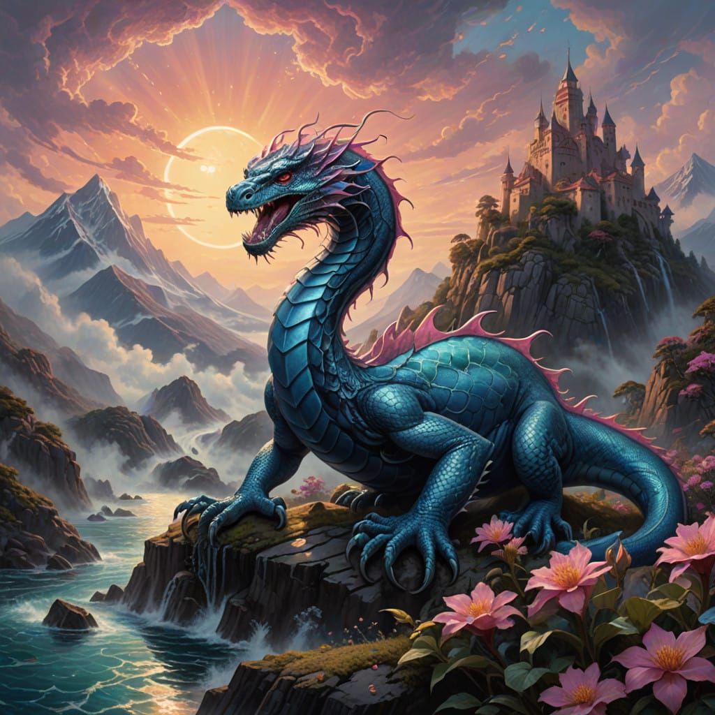 Mystical Hydra Ascends Majestically from Mountain Peak