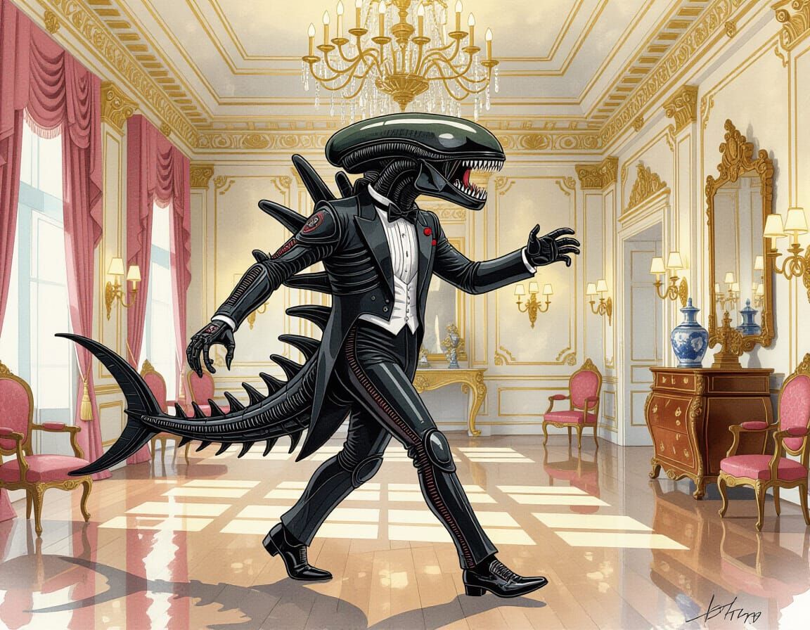 Mechanical Shark Waltzes in Dreamy Ballroom Watercolor