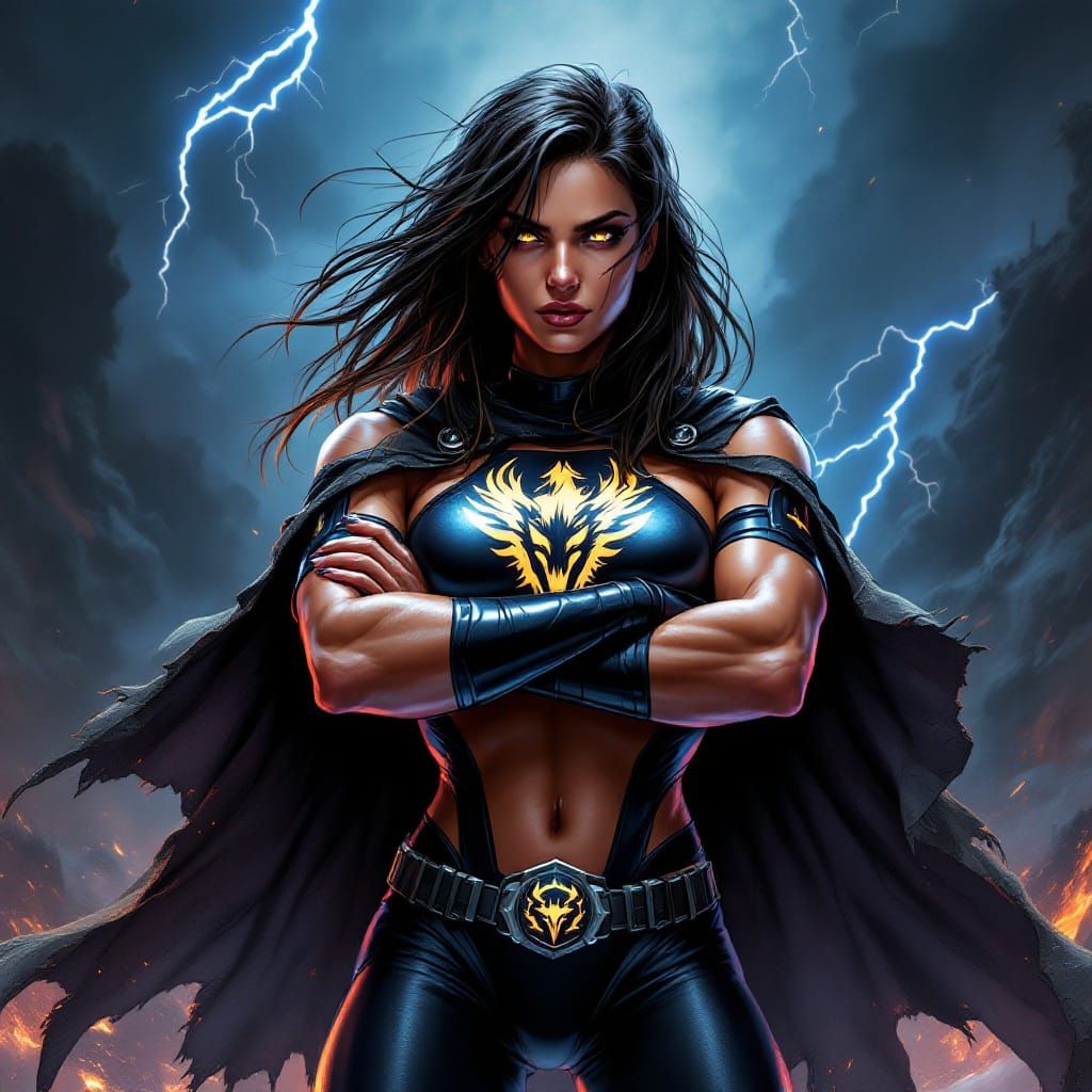 Vibrant Female Warrior in Stormy Arena Comic Book Art