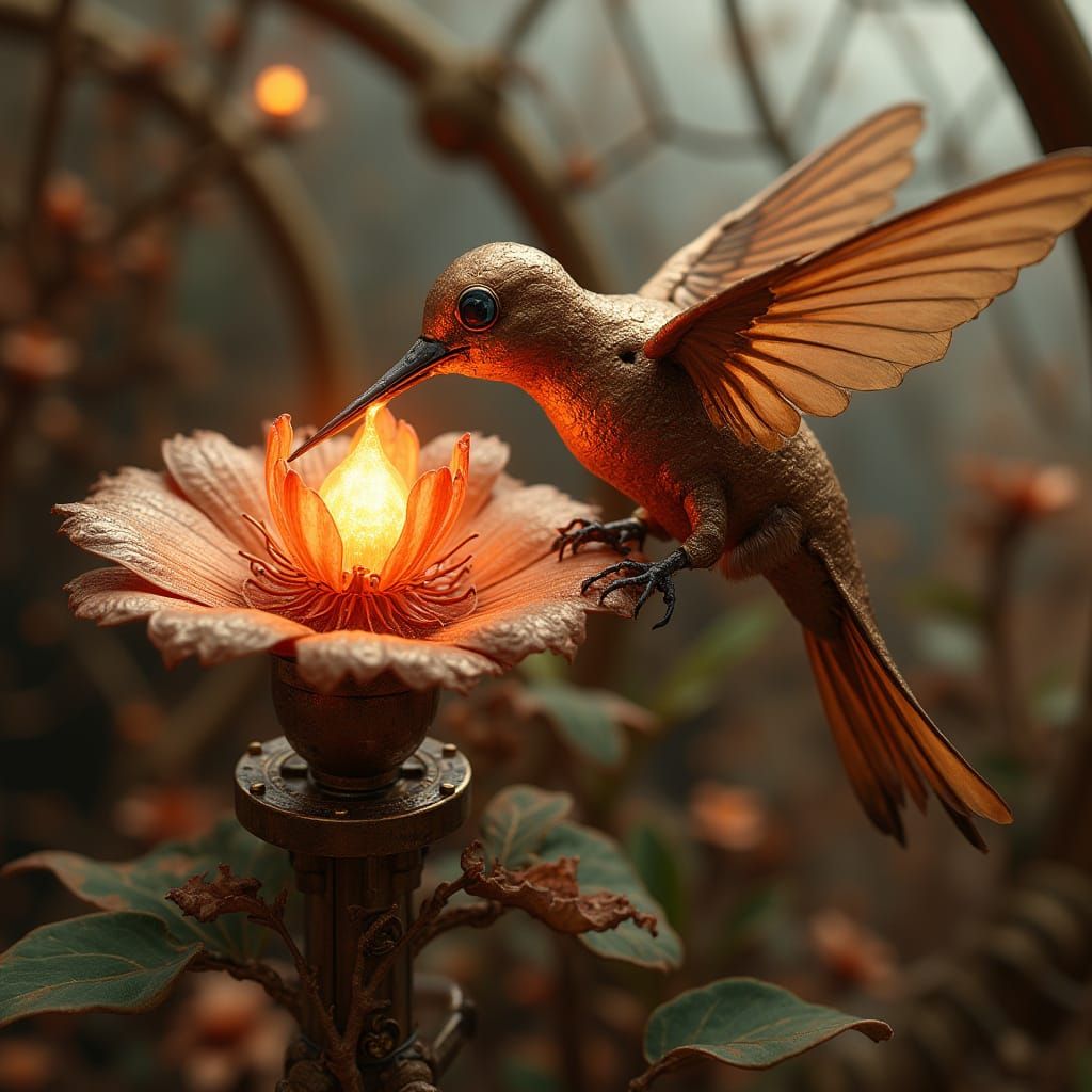 Mechanical Hummingbird Sipping Nectar in Steampunk Biodome