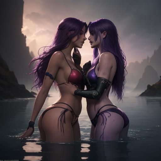Two Women Kissing in Water with Purple Hair