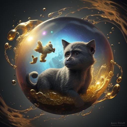 Dog, Cat, Monkey, Chick Hybrid in Bubbles