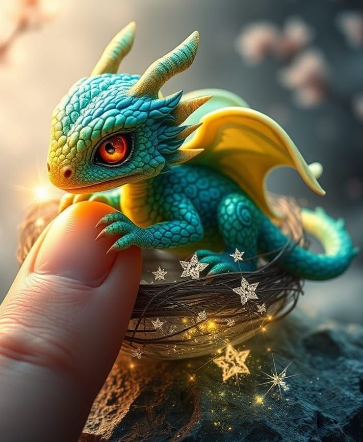 Cute Dragon Bites Finger in Magical Nest