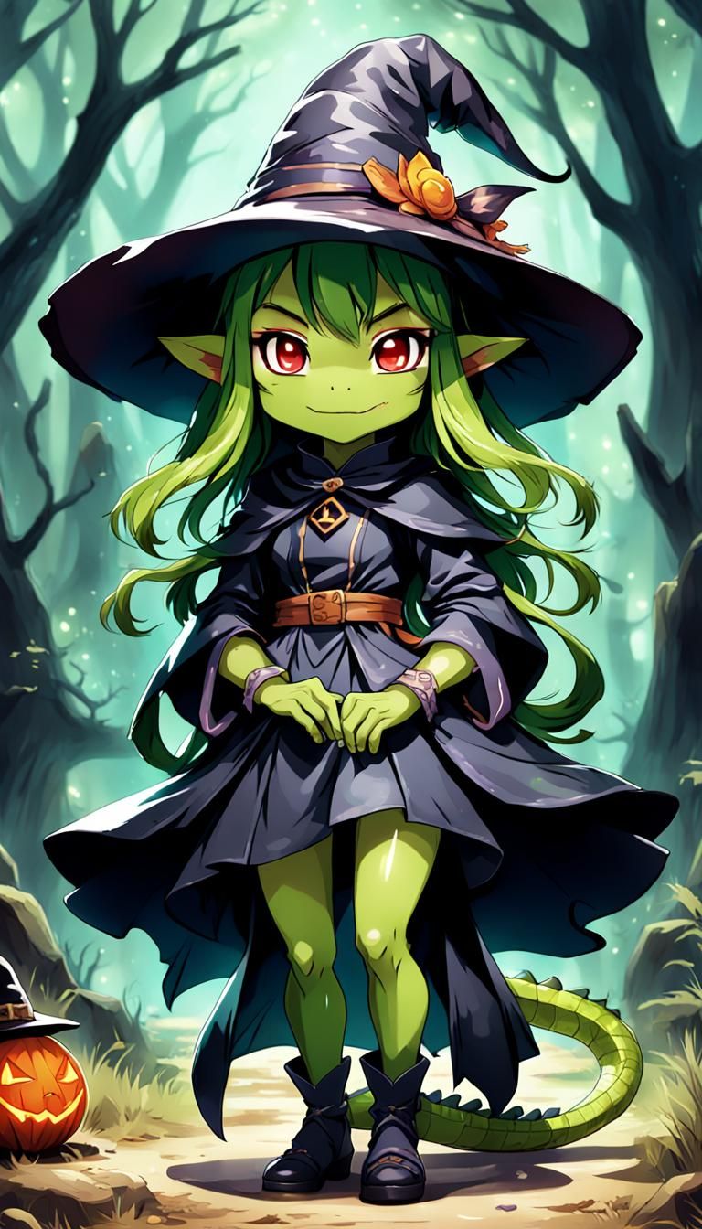 Chibi Lizardwoman Witch in Anime Key Visual Style