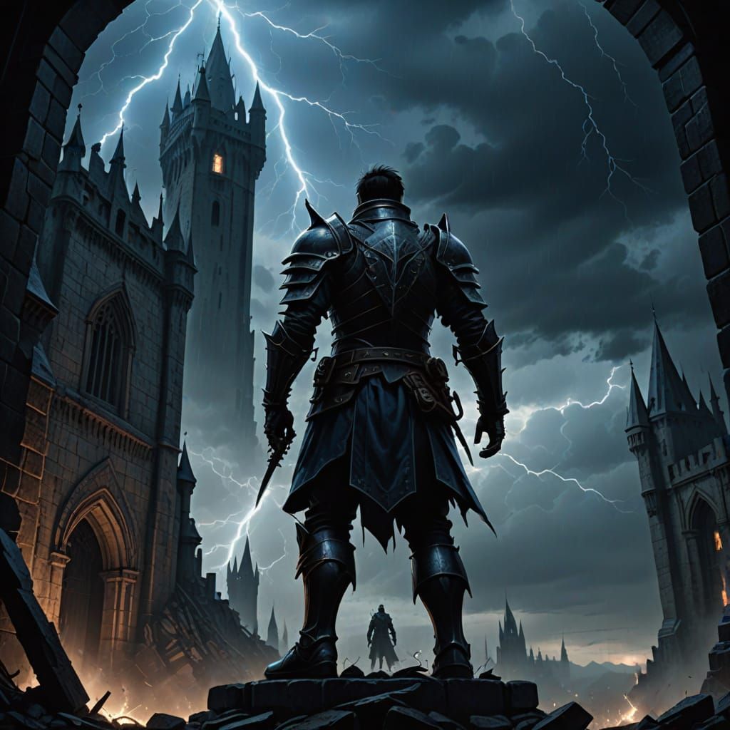 Dark Fantasy Warrior Stares Up at Twisted Gothic Tower