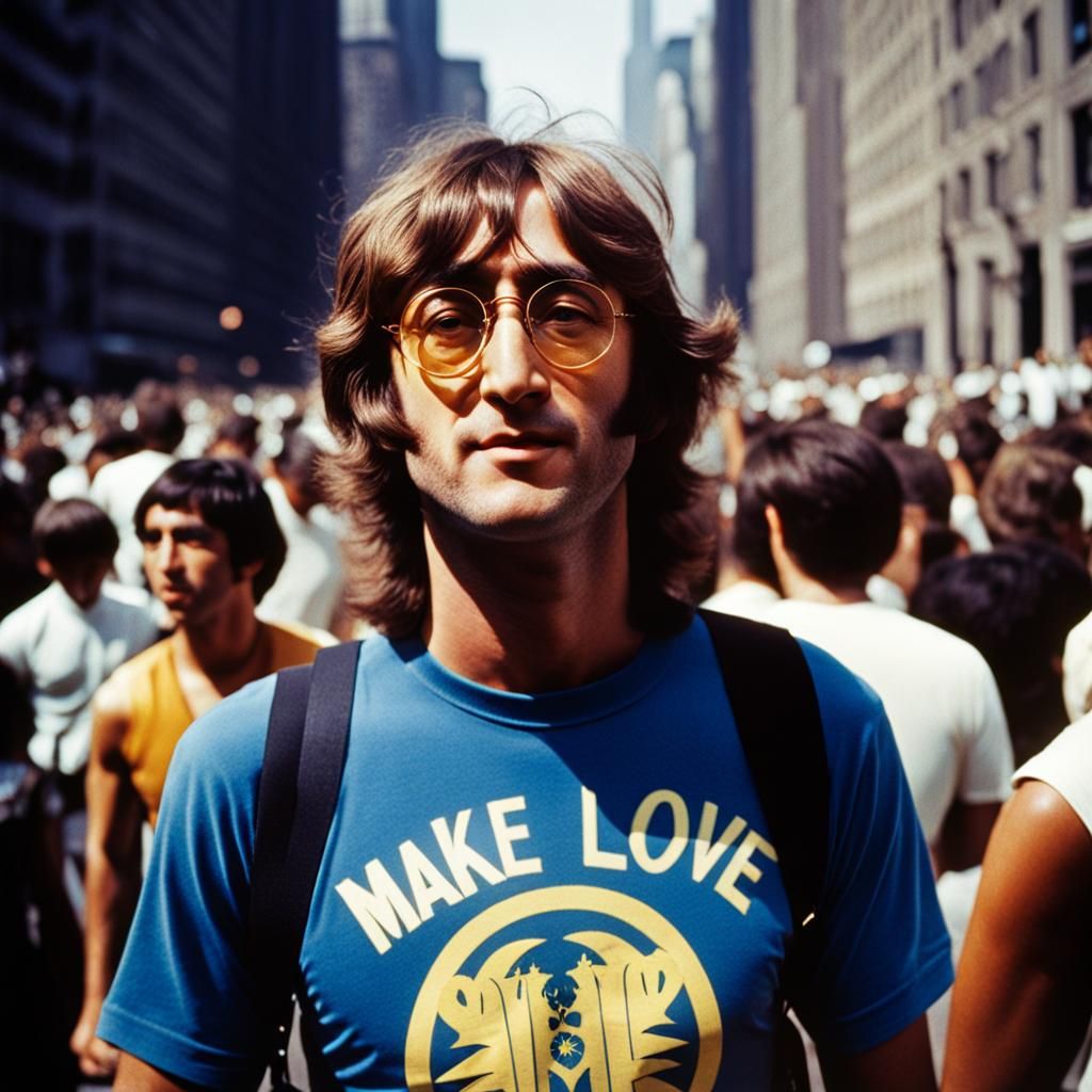 A slim happy smirking John Lennon wearing "Make Love not War" t-shirt