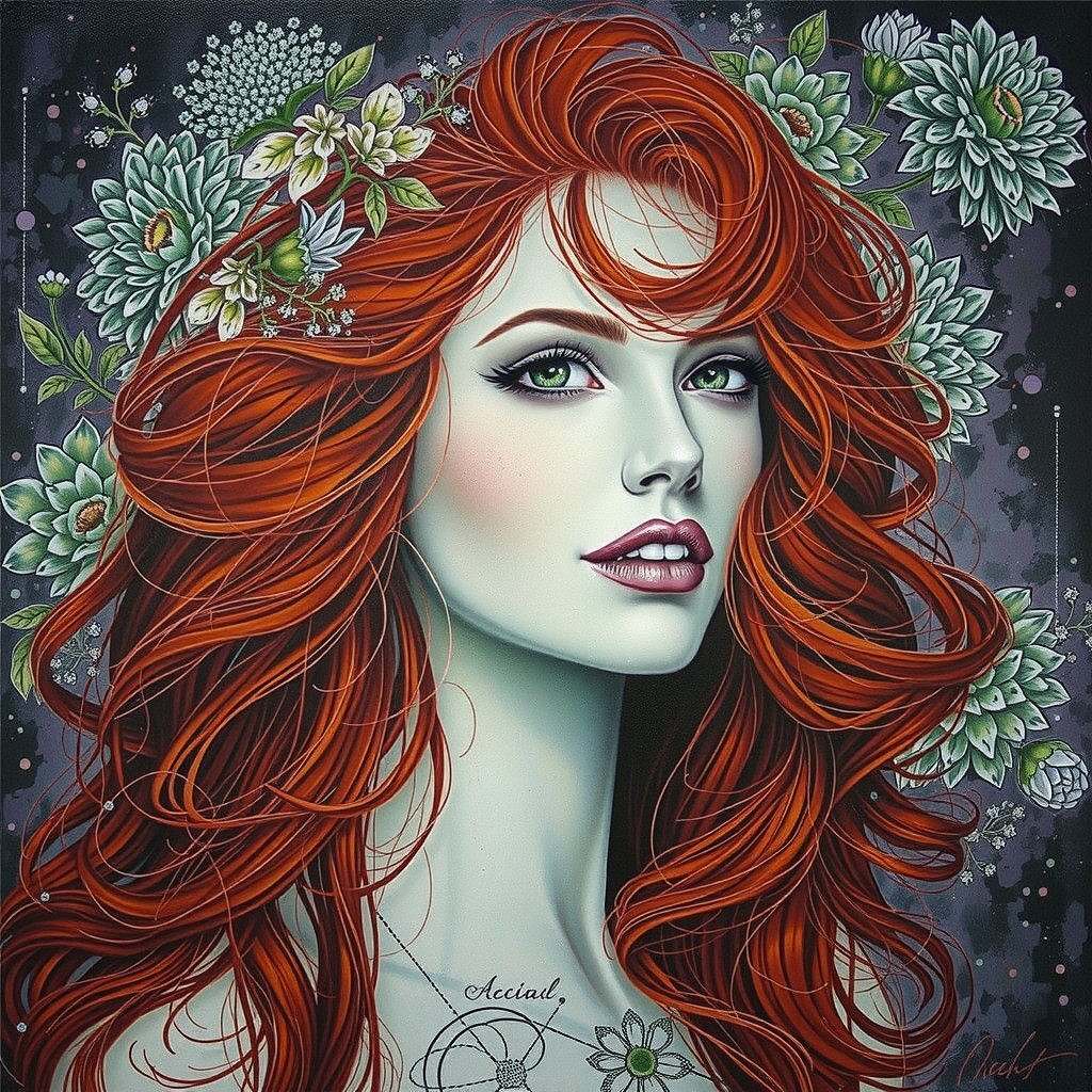 Elegant Line Drawing of a Red-Haired Woman