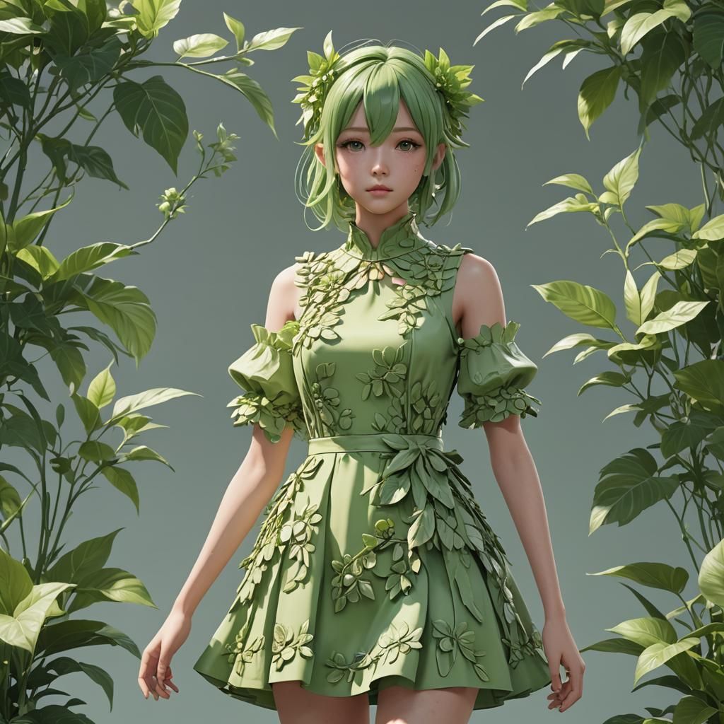 Plant-Based Light Green Dress in 3D Anime Style