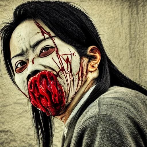 draw Kuchisake-Onna, a ghost woman that her mouth is very long. whose mouth was slit from ear to ear. she reveals a red...
