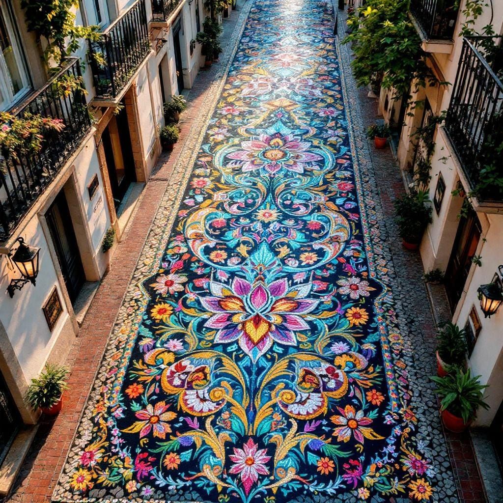 Ornate Bead Carpet on Cobblestone Street in Spain