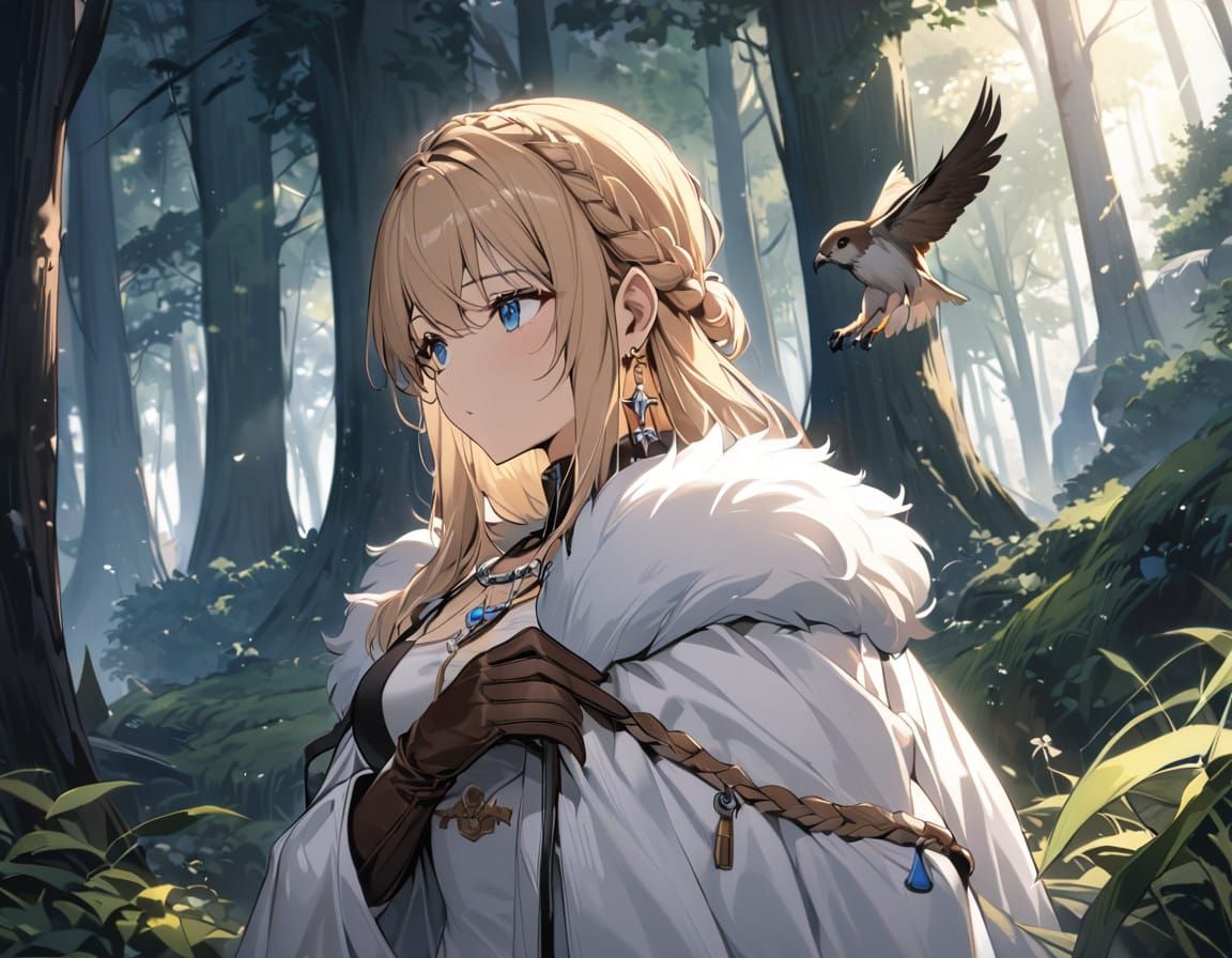 Noble Lady Hunts with Her Majestic Falcon in a Serene Forest...