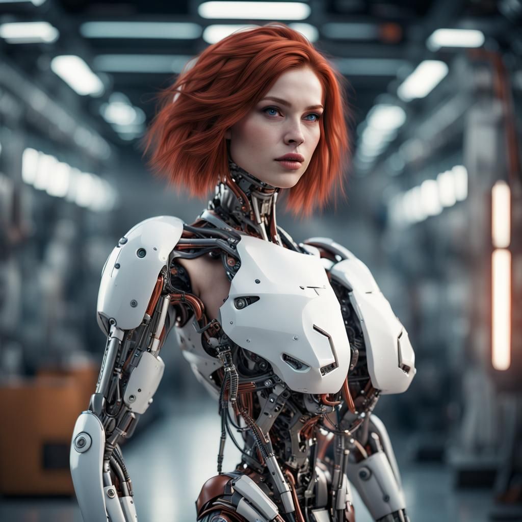Auburn-Haired Cyborg Woman in Cyberpunk Style