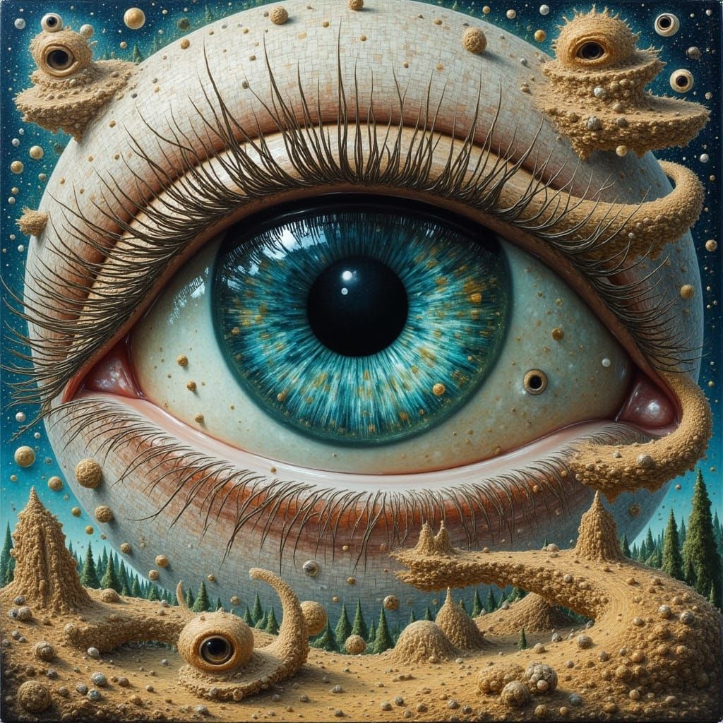Surreal Eyeball and Mermaid Breaking Free from Canvas