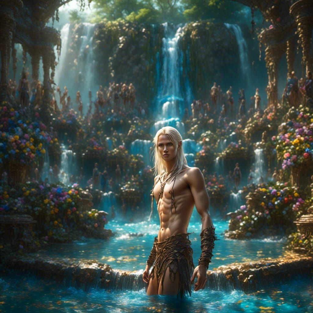 Hyperrealistic Elven Male at Waterfall in Royo Style
