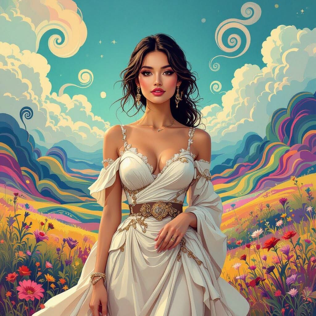 Elegant Woman in Dreamy Landscape, Digital Art