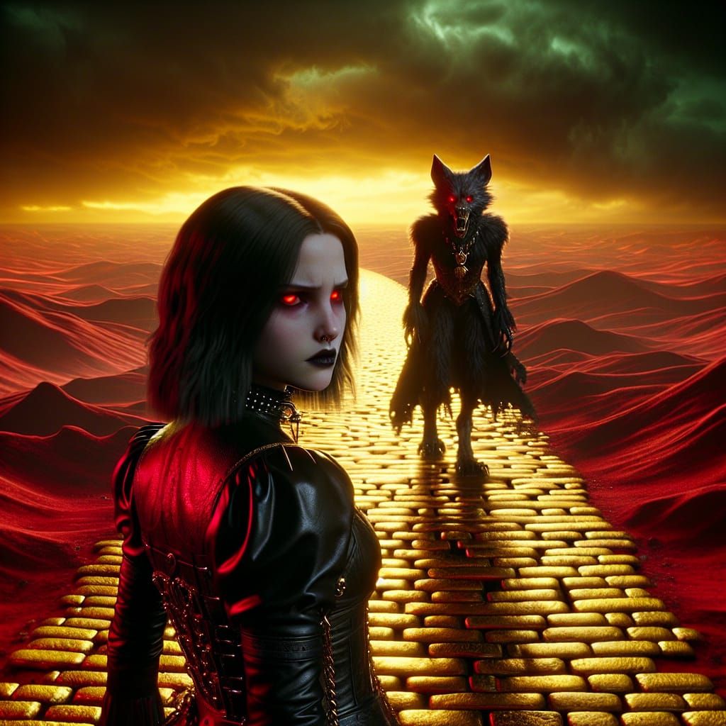 Goth Dorothy Gale (facing forward) walking down a worn yellow brick path with a red-eyed hellhound by her side,  Dark, o...