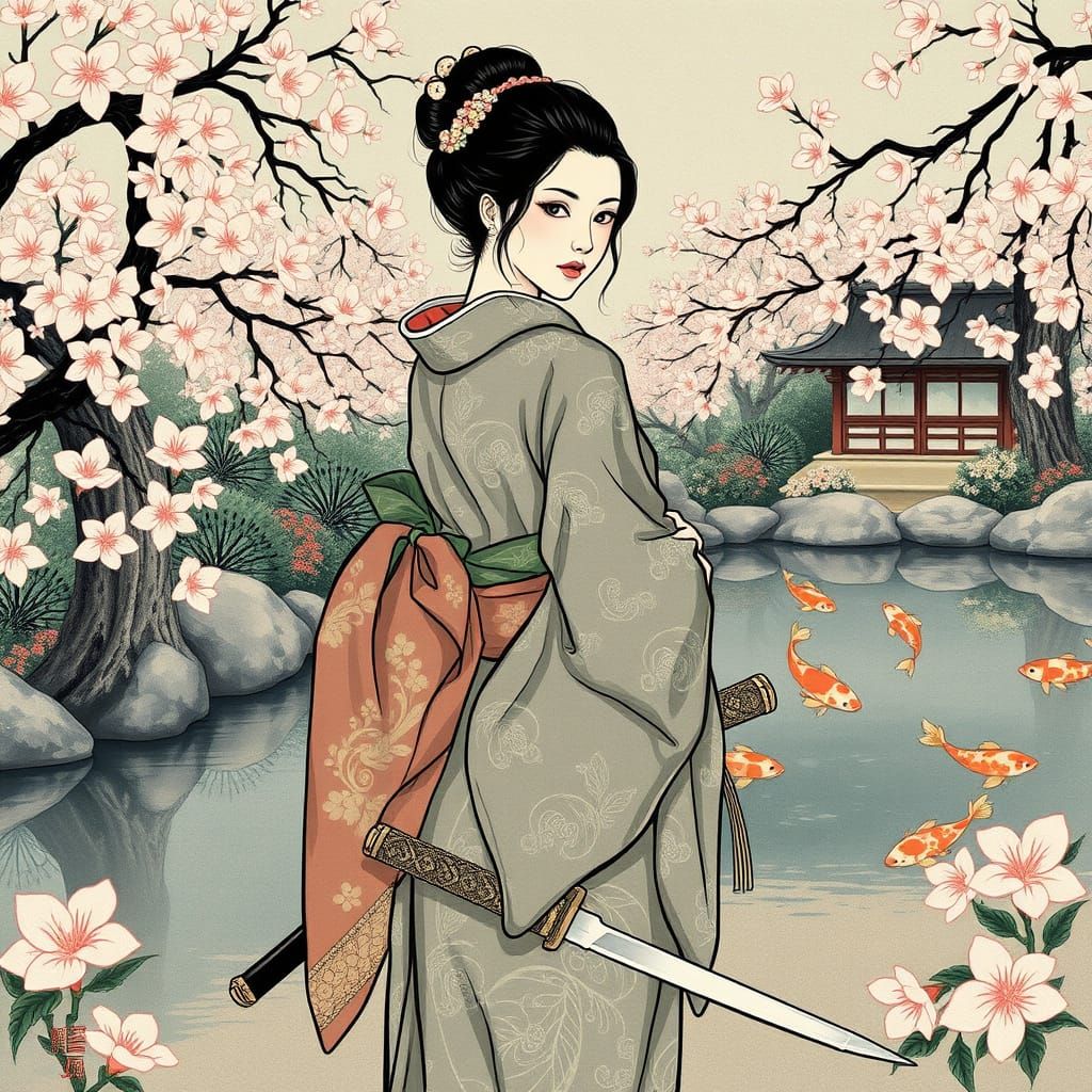 Graceful Samurai Woman in Japanese Garden Art