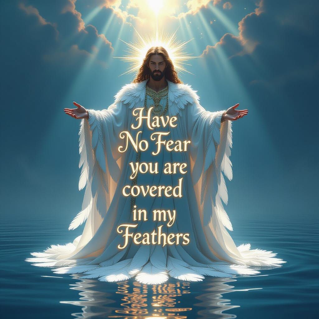 God in Feather Robe Above Ocean with Divine Light