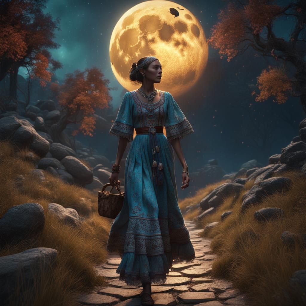 Boho Woman Walking in Moonlight: Fantasy Art
