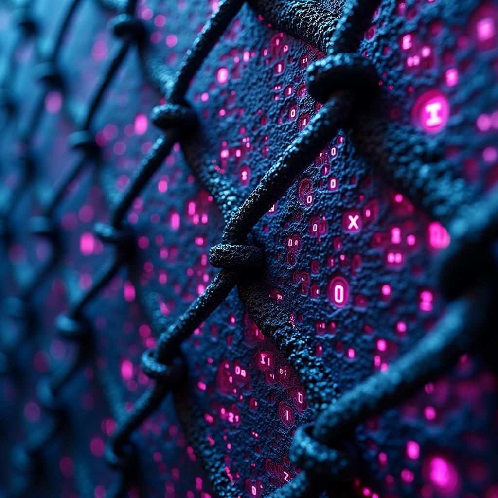 Chain Link Fence with Binary Code in Generative Art Style