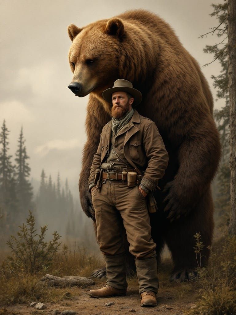 Realistic Oil Painting of a Logger and Bear in a Rustic Fore...