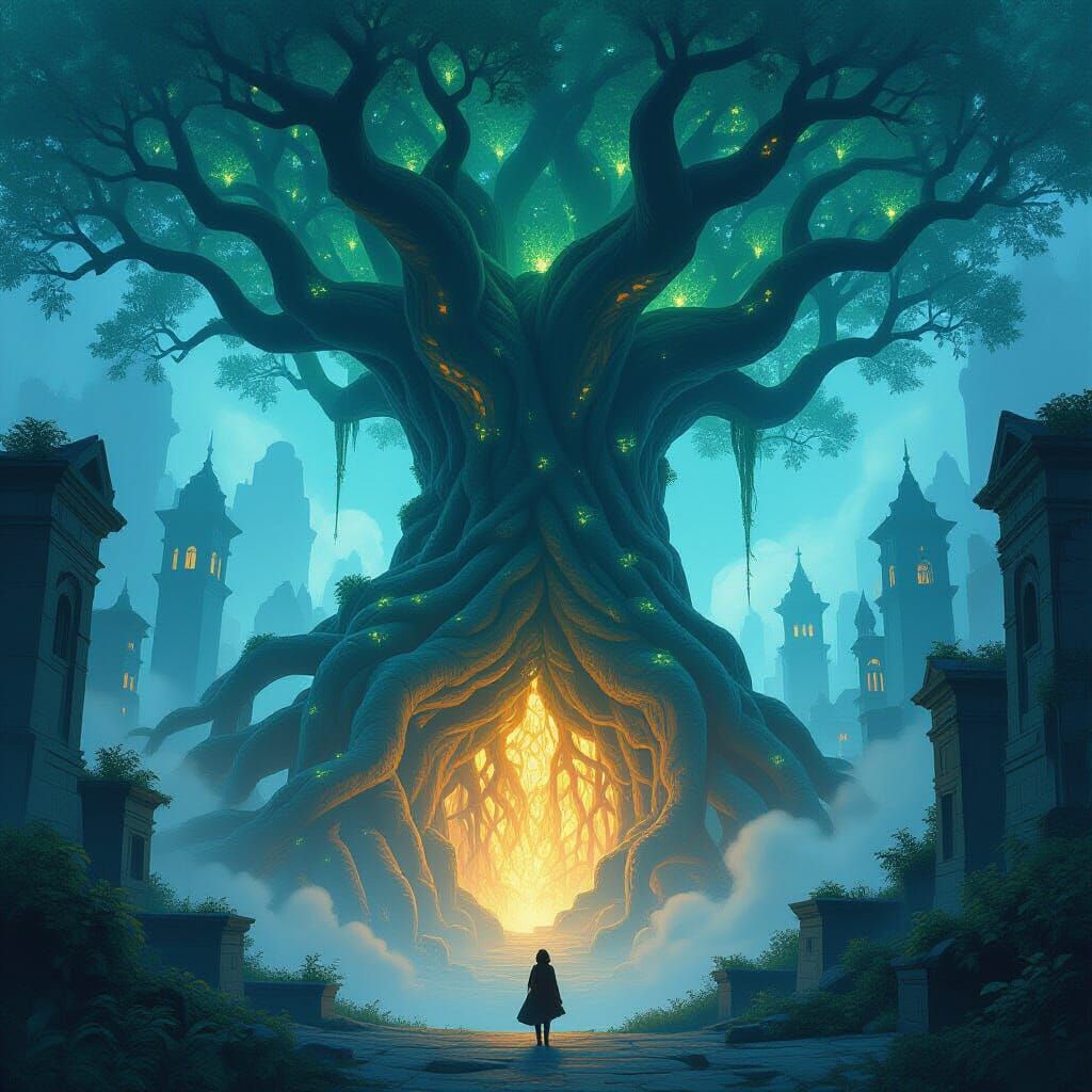 Ancient Tree City with Glowing Roots in Ethereal Style