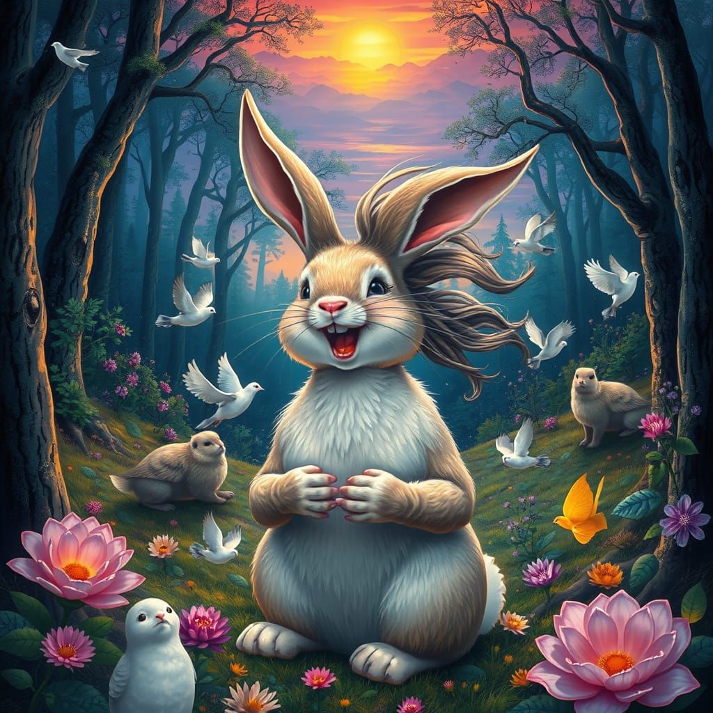 Laughing Bunny in Bioluminescent Forest, Surreal Digital Art