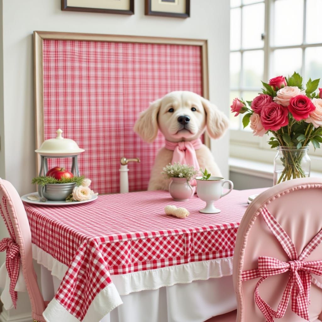 Dog Ready for Lunch in Gingham World