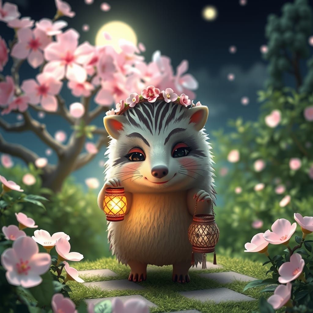 Zebra-Striped Hedgehog in Moonlit Anime Garden