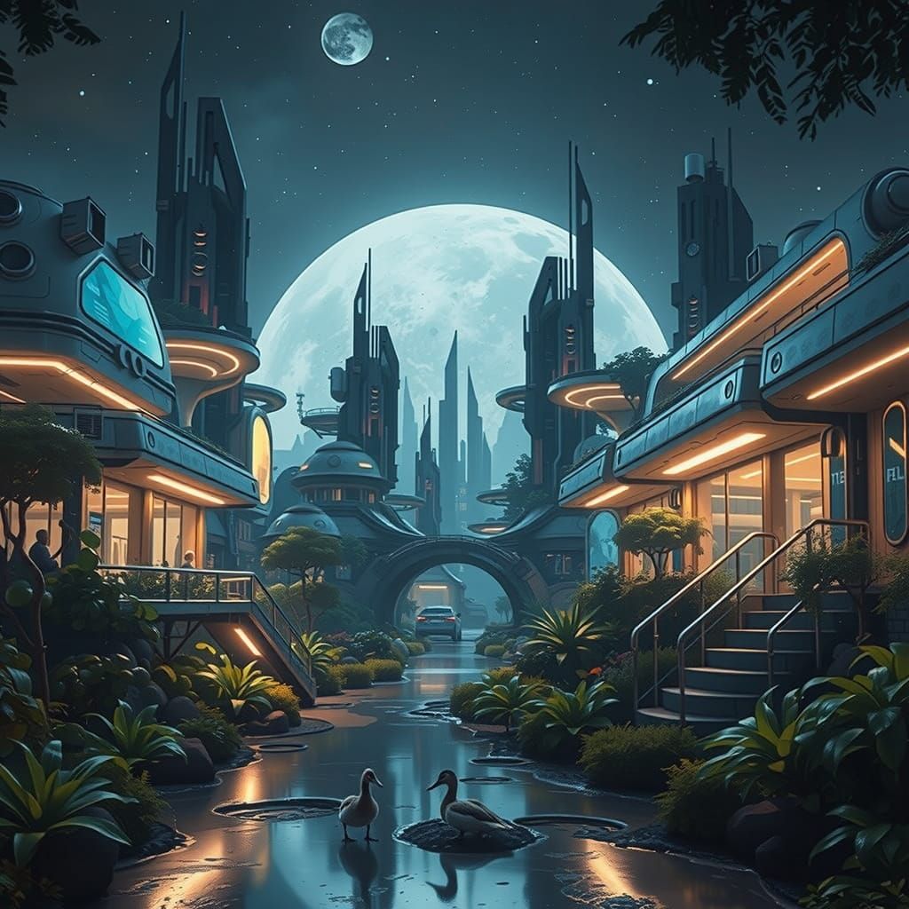 Serenely Futuristic Ducks Explore a Lush Martian Metropolis