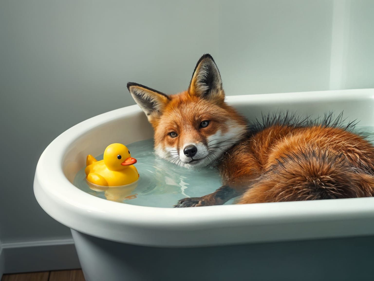 Fox Relaxing in Bathtub with Rubber Duck