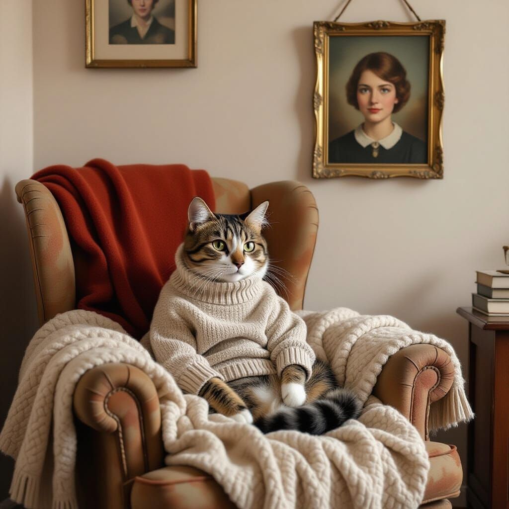 Melancholy Cat on Armchair with Owner's Portrait, Nostalgic ...