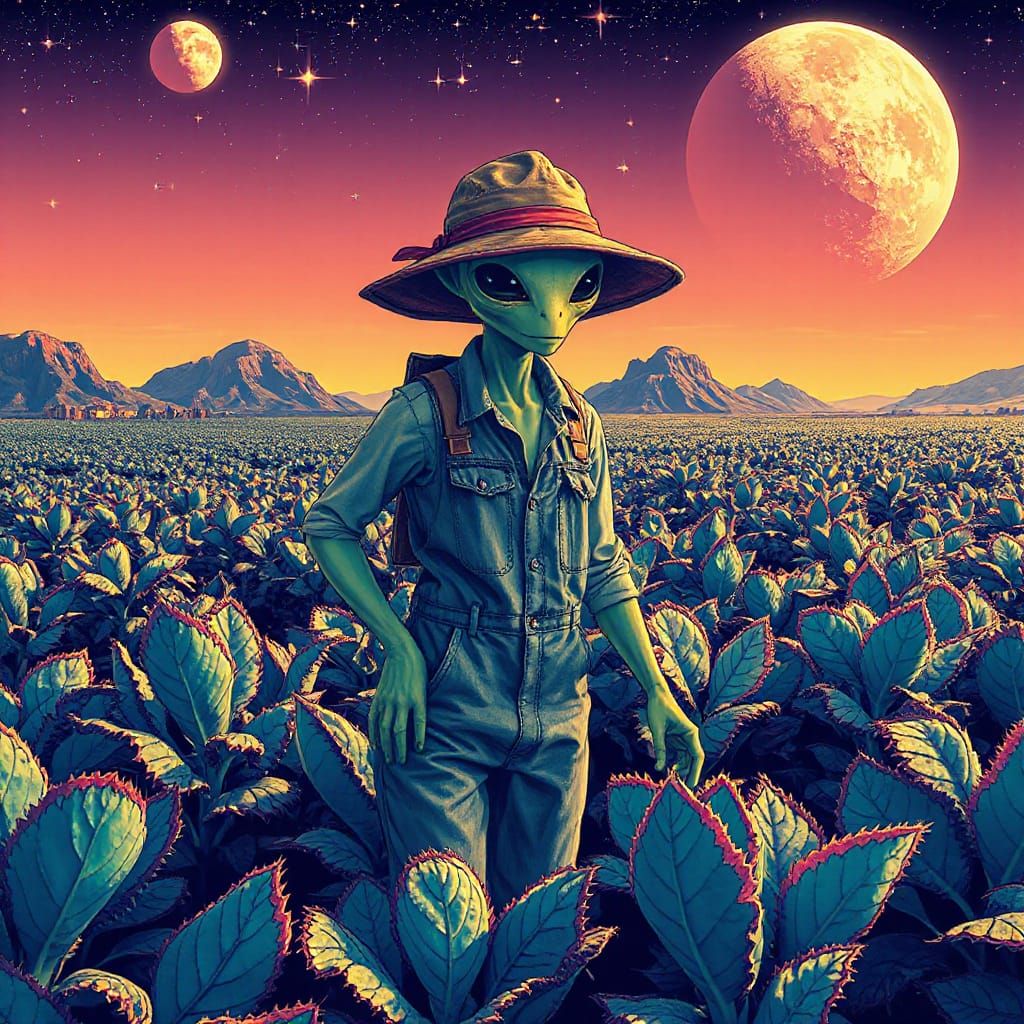 Alien Farmer Cultivating Iridescent Crops on Distant Planet