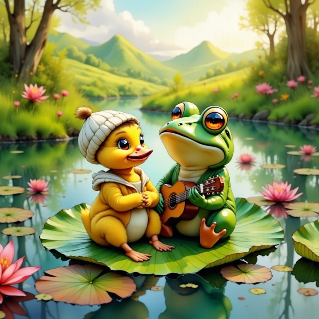 Duckling and Frog Serenade on Lily Pad