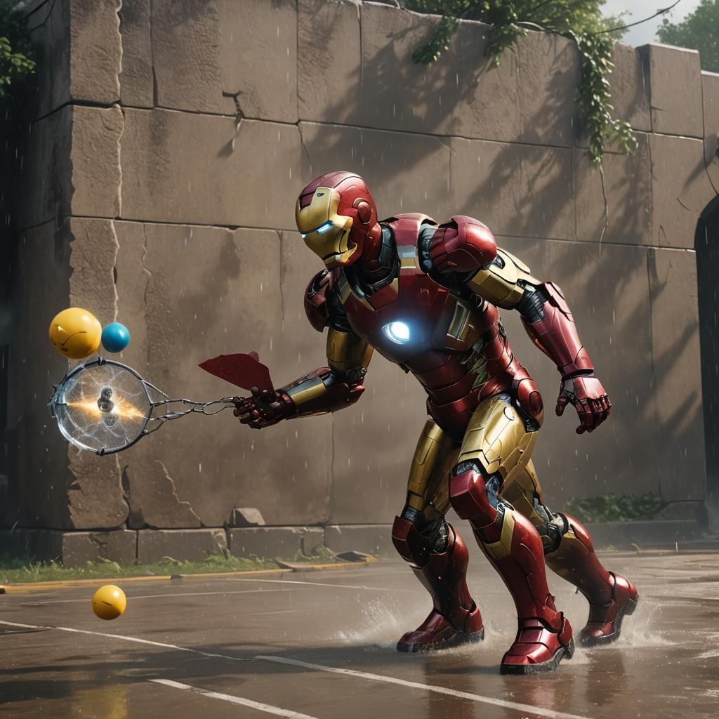 Iron Man Soaring Through a Thunderstorm