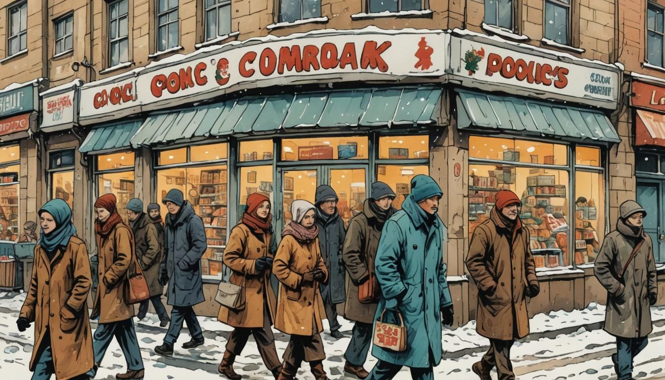 Winter Street Scene in Polish Comic Art Style